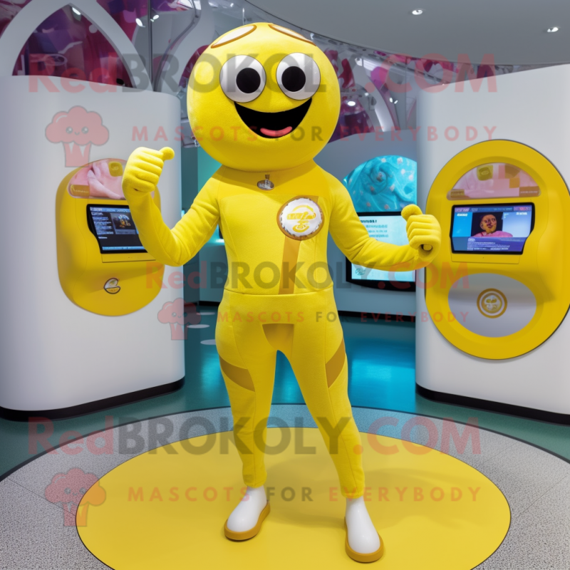 Yellow Acrobat mascot costume character dressed with a Romper and Coin purses Yellow Acrobat mascot costume character dressed with a Romper and Coin purses