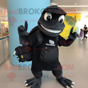 Black Lizard mascot costume character dressed with a Graphic Tee and Backpacks