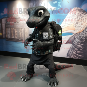 Black Lizard mascot costume character dressed with a Graphic Tee and Backpacks
