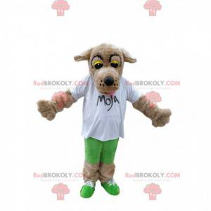 Mascotte de chien beige attendrissant avec un maillot blanc -