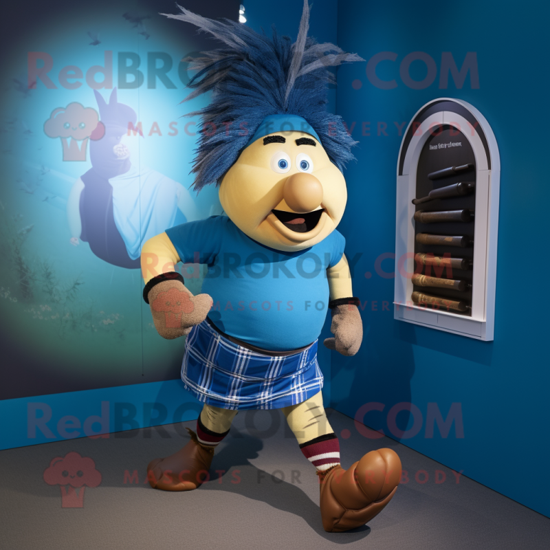 Blue Bagpipe mascot costume character dressed with a Running Shorts and Hairpins Blue Bagpipe mascot costume character dressed with a Running Shorts and Hairpins