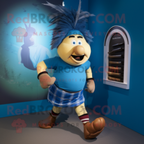 Blue Bagpipe mascot costume character dressed with a Running Shorts and Hairpins