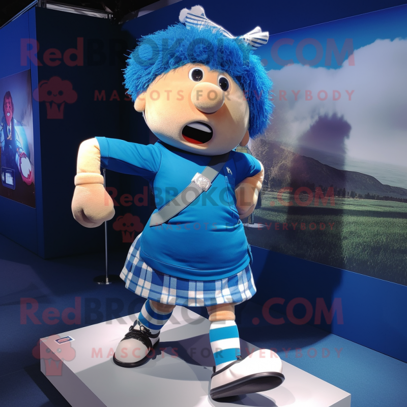 Blue Bagpipe mascot costume character dressed with a Running Shorts and Hairpins Blue Bagpipe mascot costume character dressed with a Running Shorts and Hairpins