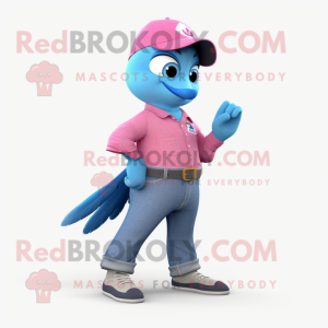 Pink Blue Jay mascot costume character dressed with a Jeans and Smartwatches