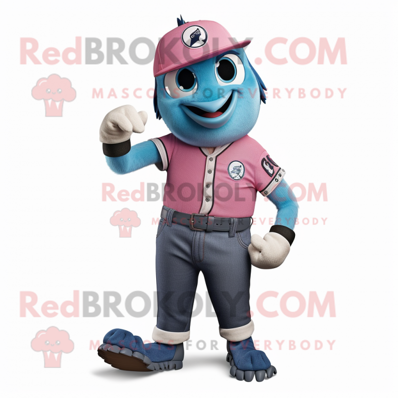 Pink Blue Jay mascot costume character dressed with a Jeans and Smartwatches