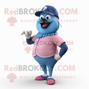 Pink Blue Jay mascot costume character dressed with a Jeans and Smartwatches