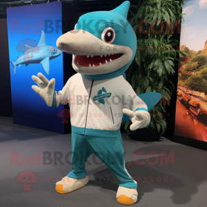 Teal Shark mascot costume character dressed with a Board Shorts and Cummerbunds