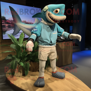 Teal Shark maskot kostym...