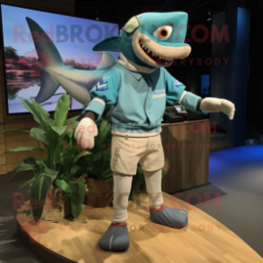 Teal Shark mascot costume character dressed with a Board Shorts and Cummerbunds