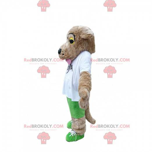 Mascotte de chien beige attendrissant avec un maillot blanc -