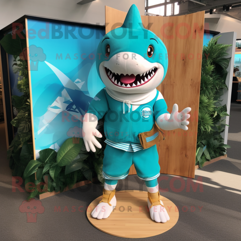 Teal Shark mascot costume character dressed with a Board Shorts and Cummerbunds