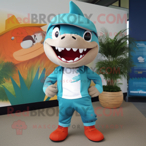 Teal Shark mascot costume character dressed with a Board Shorts and Cummerbunds