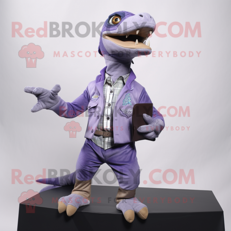 Lavender Velociraptor mascot costume character dressed with a Oxford Shirt and Mittens Lavender Velociraptor mascot costume character dressed with a Oxford Shirt and Mittens