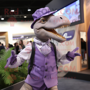 Lavender Velociraptor mascot costume character dressed with a Oxford Shirt and Mittens