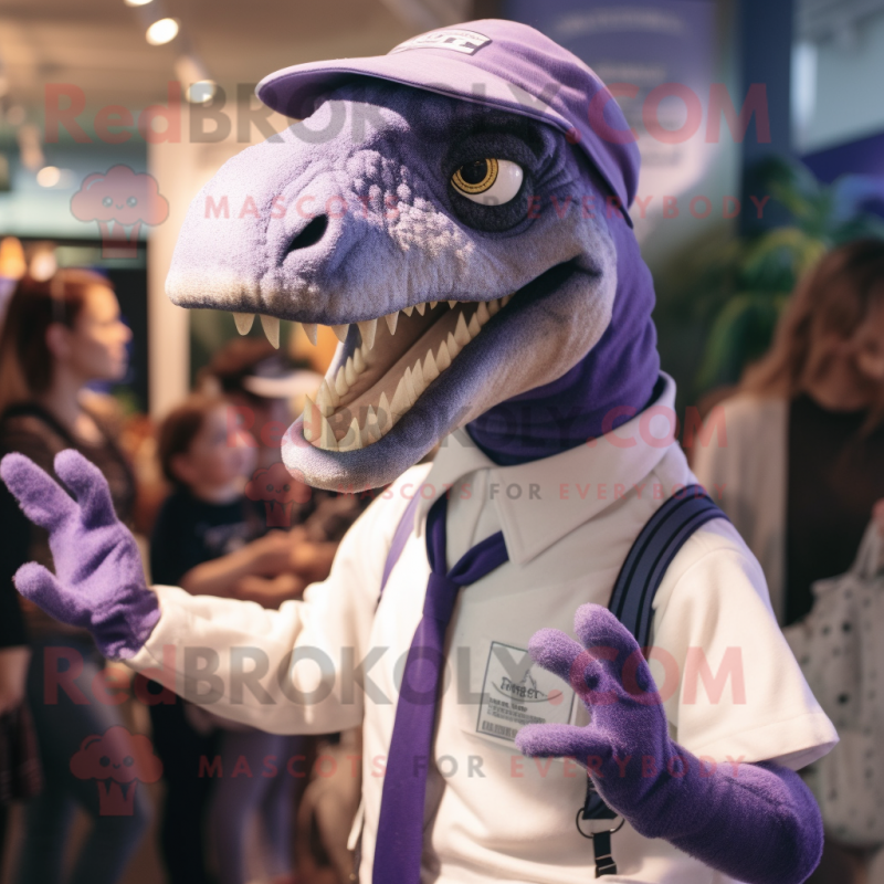 Lavender Velociraptor mascot costume character dressed with a Oxford Shirt and Mittens Lavender Velociraptor mascot costume character dressed with a Oxford Shirt and Mittens