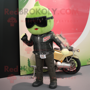 Cream Watermelon mascot costume character dressed with a Biker Jacket and Hairpins