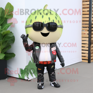 Cream Watermelon mascot costume character dressed with a Biker Jacket and Hairpins