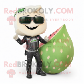 Cream Watermelon mascot costume character dressed with a Biker Jacket and Hairpins