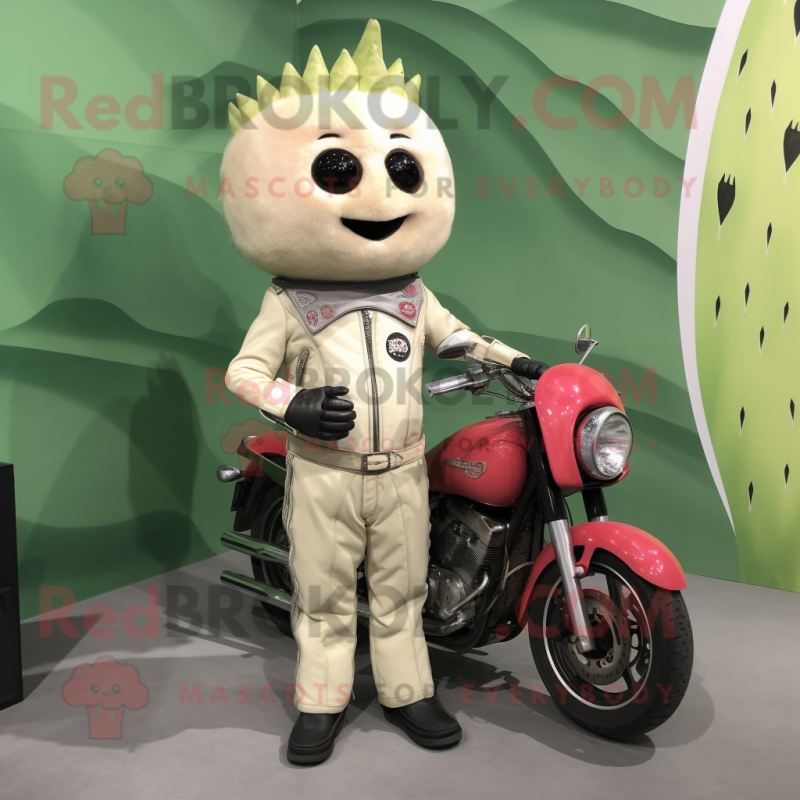 Cream Watermelon mascot costume character dressed with a Biker Jacket and Hairpins Cream Watermelon mascot costume character dressed with a Biker Jacket and Hairpins