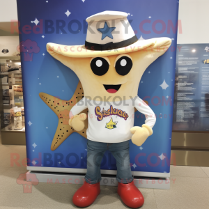 Cream Starfish mascot costume character dressed with a Bootcut Jeans and Beanies