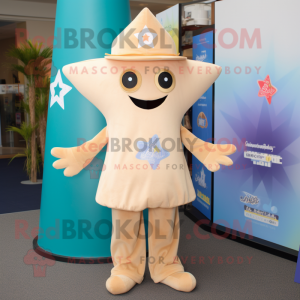 Cream Starfish mascot costume character dressed with a Bootcut Jeans and Beanies