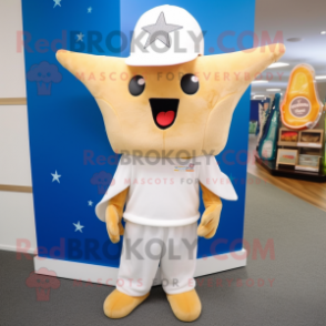 Cream Starfish mascot costume character dressed with a Bootcut Jeans and Beanies