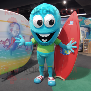 Turquoise Candy mascot costume character dressed with a Board Shorts and Ties