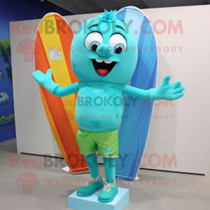 Turquoise Candy mascot costume character dressed with a Board Shorts and Ties