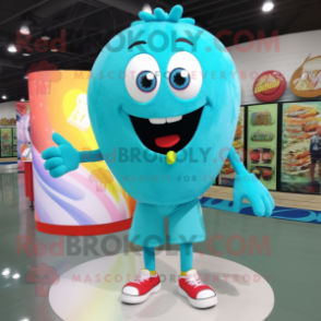 Turquoise Candy mascot costume character dressed with a Board Shorts and Ties