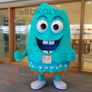 Turquoise Candy mascot costume character dressed with a Board Shorts and Ties