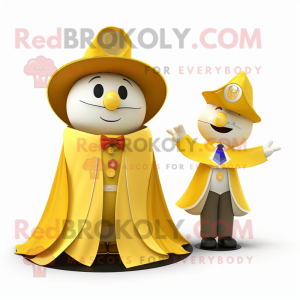 Gold Ring Master mascot costume character dressed with a Raincoat and Shawls