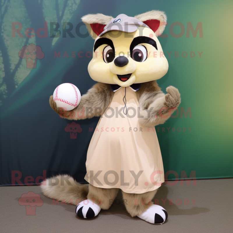 Beige Raccoon mascot costume character dressed with a Ball Gown and Caps