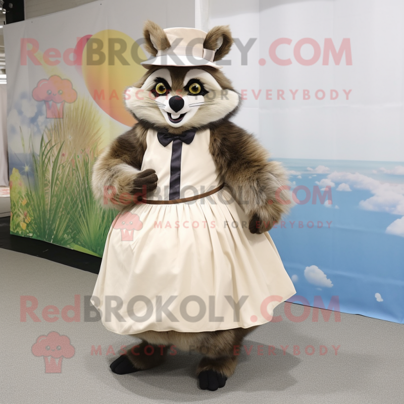 Beige Raccoon mascot costume character dressed with a Ball Gown and Caps Beige Raccoon mascot costume character dressed with a Ball Gown and Caps