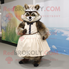 Beige Raccoon mascot costume character dressed with a Ball Gown and Caps