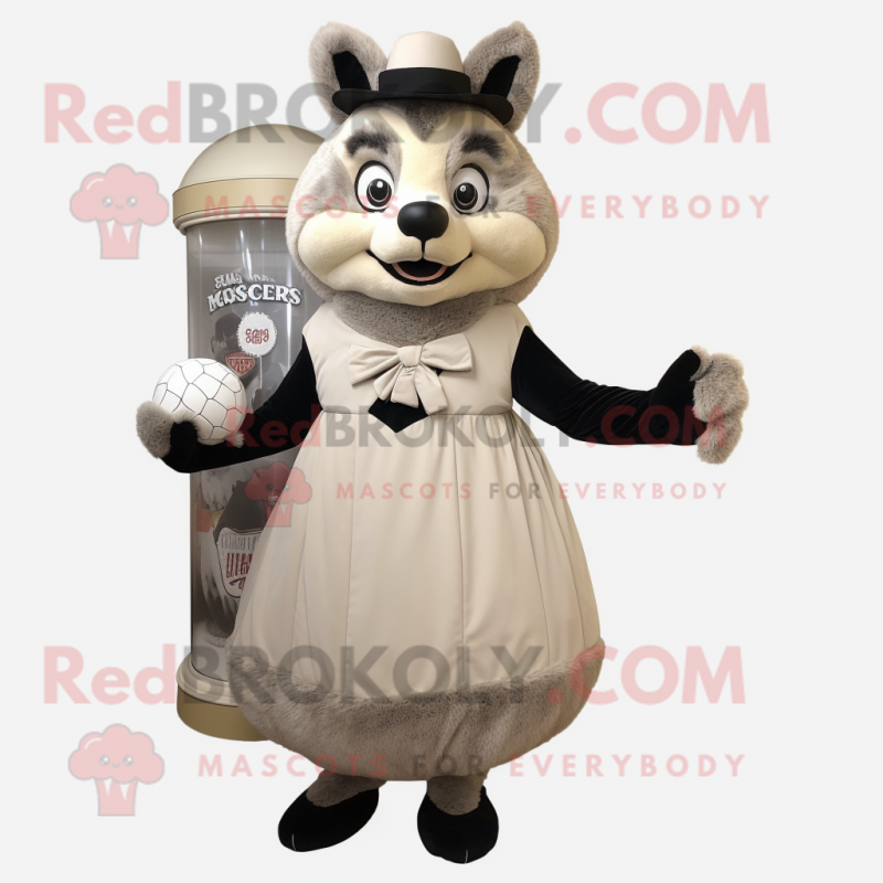 Beige Raccoon mascot costume character dressed with a Ball Gown and Caps
