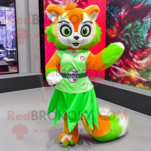 Lime Green Red Panda mascot costume character dressed with a A-Line Skirt and Hair clips