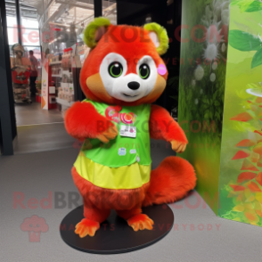 Lime Green Red Panda mascot costume character dressed with a A-Line Skirt and Hair clips