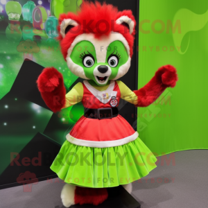 Lime Green Red Panda mascot costume character dressed with a A-Line Skirt and Hair clips