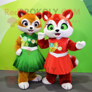 Lime Green Red Panda mascot costume character dressed with a A-Line Skirt and Hair clips