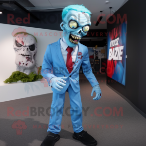 Sky Blue Zombie mascot costume character dressed with a Suit and Cummerbunds