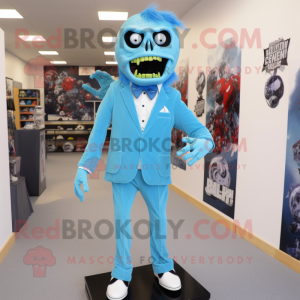 Sky Blue Zombie mascot costume character dressed with a Suit and Cummerbunds