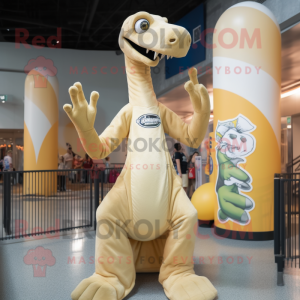 Beige Brachiosaurus mascot costume character dressed with a Graphic Tee and Anklets
