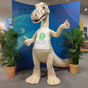 Beige Brachiosaurus mascot costume character dressed with a Graphic Tee and Anklets