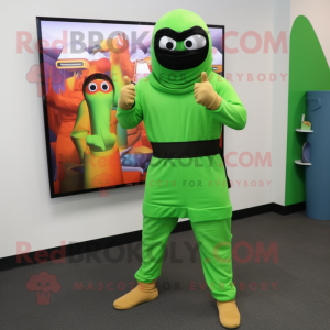 Lime Green Ninja mascot costume character dressed with a Henley Tee and Eyeglasses