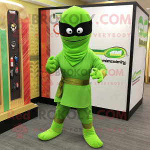 Lime Green Ninja mascot costume character dressed with a Henley Tee and Eyeglasses