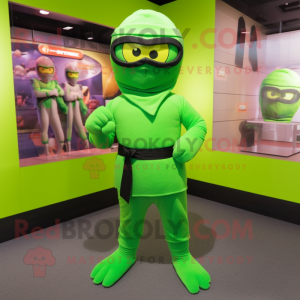 Lime Green Ninja mascot costume character dressed with a Henley Tee and Eyeglasses