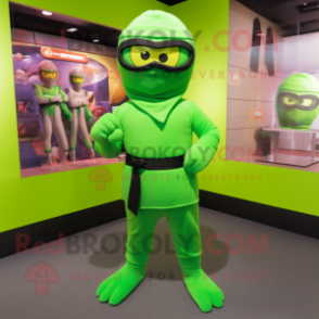 Lime Green Ninja mascot costume character dressed with a Henley Tee and Eyeglasses