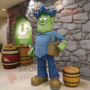 Olive Irish Castle mascot costume character dressed with a Denim Shirt and Tote bags