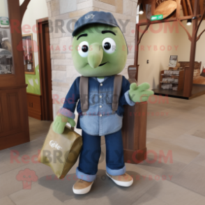 Olive Irish Castle mascot costume character dressed with a Denim Shirt and Tote bags
