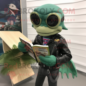 Forest Green Barracuda mascot costume character dressed with a Biker Jacket and Reading glasses